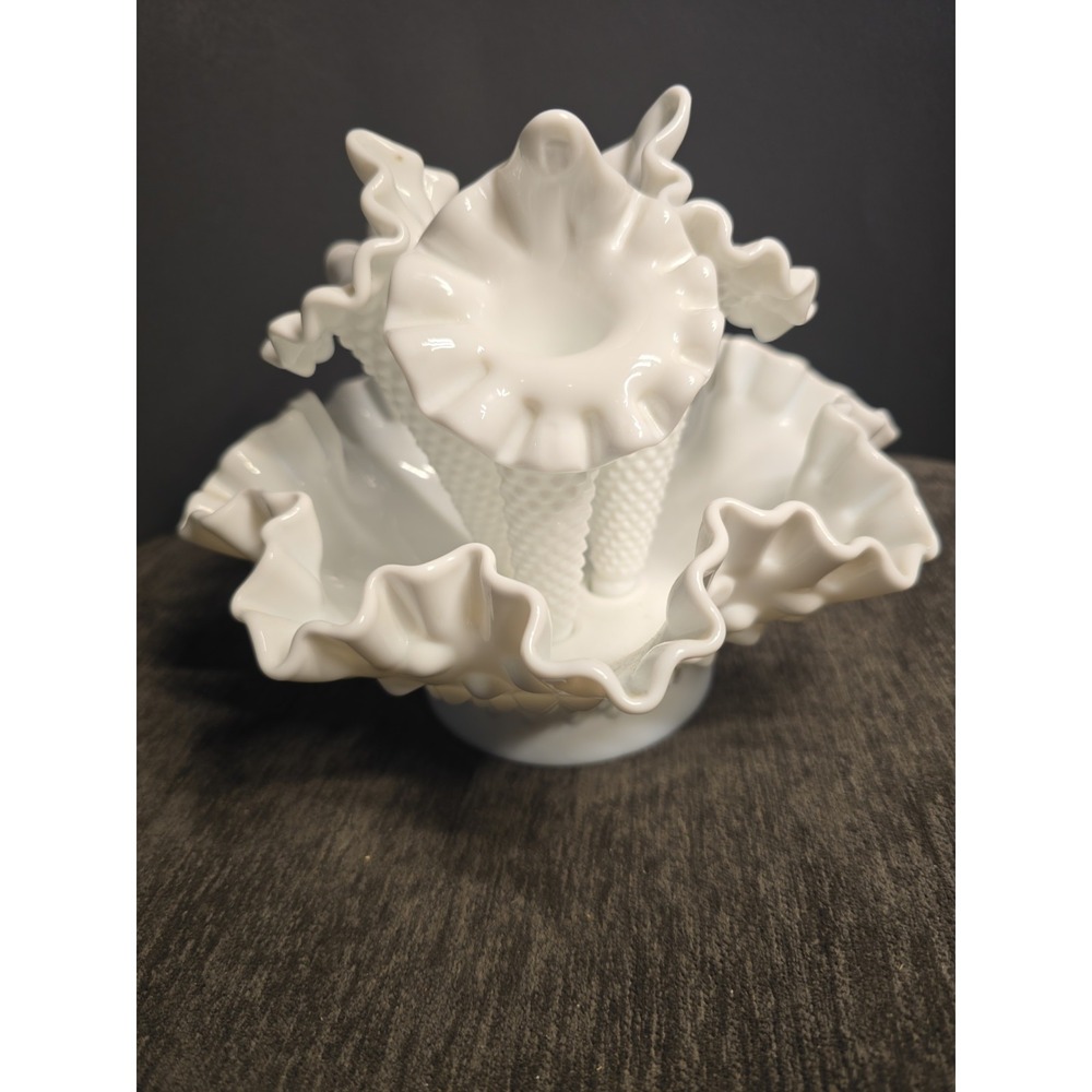 Vintage Fenton Hobnail Milk Glass Epergne Ruffled Bowl 3 Horned Vase Art Glass - Picture 8 of 11